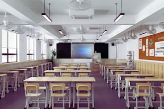 create 3d stem classroom design, library reading, educational facility, stem lab