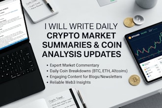 write daily crypto market summaries and coin analysis updates
