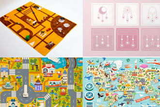 design kids playmat, picnic play rug with boho tabletop map, center mat layout