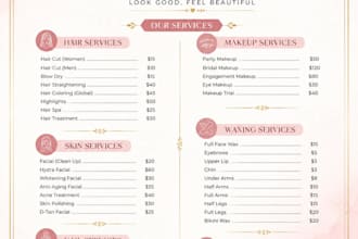 desgins modern beauty salon spa menu  with price list