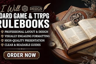 design a professional board game rulebook or rpg manual card game ttrpg sheet