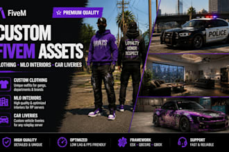 custom fivem clothing, mlo interior design, car liveries, gta v rp assets