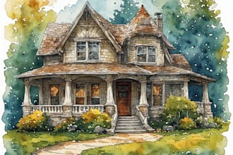 draw house illustration watercolor style