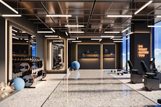 redesign gym area 3d rendering,yoga interior visual,sport facilities,walkthrough
