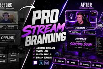 design animated twitch overlay, twitch logo, panels and screens