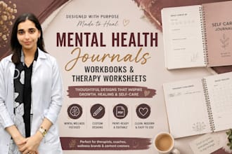 design mental health journals, mindfulness workbooks and therapy worksheets