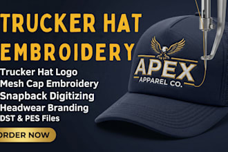 design digitize trucker hat, embroidery hat for brands businesses and apparel
