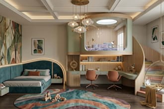 create 3d interior kids bedroom design, toddler room ikea style, 3d rendering