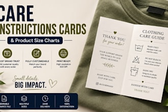 ddesign clothing care instructions card, size chart, or washing guide