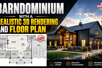 create modern a barndominium with a realistic 3d rendering and floor plans