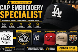 digitize your logo for 3d and flat embroidery cap designs