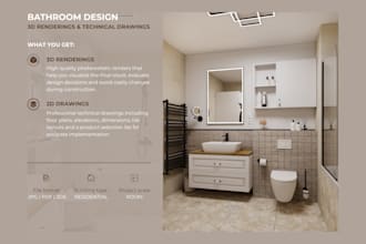 create bathroom 3d renderings and technical drawings