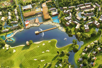 design 3d building for map,large terrain golf community,tourism resort,drone cgi