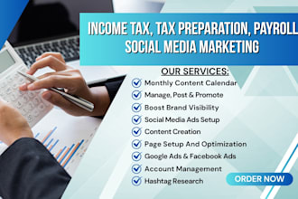 be your social media marketing manager for income tax, tax preparation, payroll