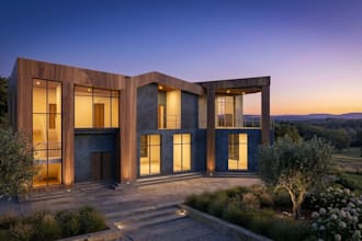 create photorealistic exterior architectural visualization day sunset night
