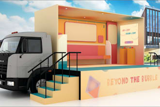 design 3d truck stage rendering, stage lighting, exhibition booth, truck kiosk