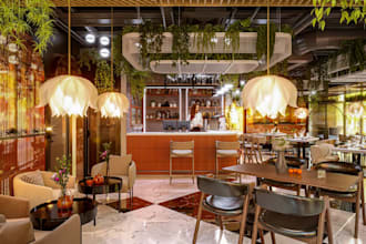 visualize commercial kitchen,bar nightclub, restaurant dining space, lounge area