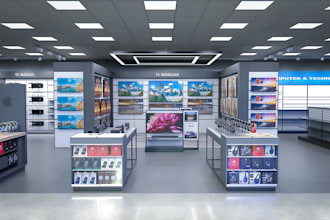 design realistic 3d electronics store, tech showroom and retail interiors