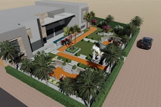 renovate old residential landscape, modern house garden rendering, terrain model