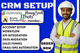 set up dubsado, 17hats, honeybook, acuity scheduling monday CRM automation