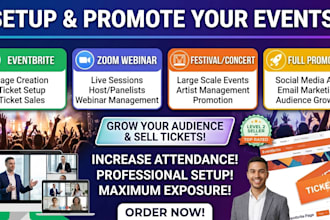 setup and promote event, eventbrite, zoom webinar, festival, concert