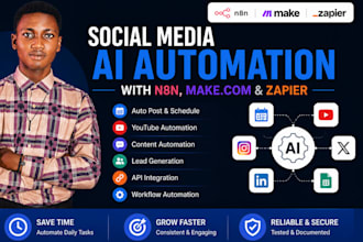 social media ai automation workflow expert n8n make com zapier api integration