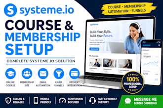 setup systeme io course membership site, online course and automation