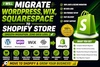 migrate wordpress website to shopify, wix squarespace migration to shopify