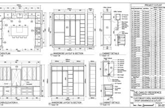 design custom kitchen, wardrobes, cabinets and millwork shop drawings cutlist