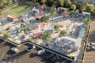 redesign landscape community park, recreational space layout, pop up marketplace