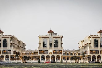 reimagine gated shopping plaza,cgi retail complex,neoclassic mall outdoor render