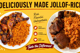 delicious jollof rice and fried rice with chicken and other delicacies