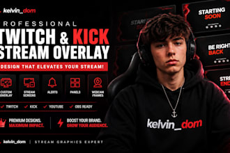 design twitch overlay, kick overlay, animated stream overlay package, panels
