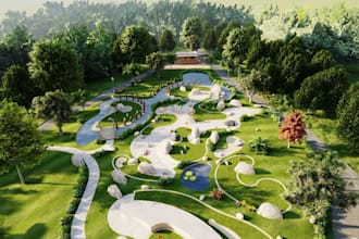 render 3d golf course field, landscape park,golf driving range, golf club layout