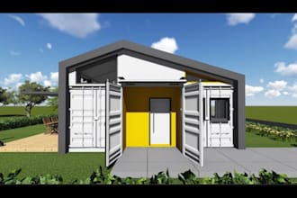 design container house, prefab home, modular home with realistic 3d render