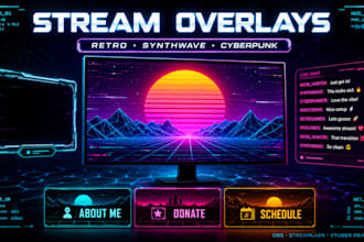 design a retro futuristic synth wave stream overlay or vtuber asset pack