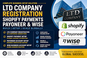 set up ltd registration, shopify payments, paypal, payoneer, wise banks