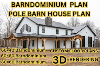 design custom barndominium floor plan, pole barn house plan as your architect