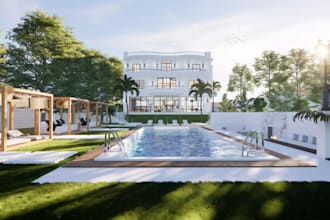 remodel 3d villa exterior, courtyard layout render,  swimming pool design, patio