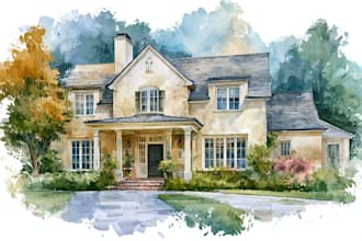 create a watercolor house portrait or buildings