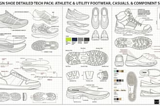 design shoe detailed tech pack, footwear, boots, slippers and cad sole pattern
