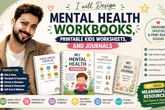 design mental health workbook, printable kids worksheet and journal