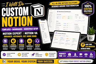 do custom notion template, notion expert, notion VA, notion dashboard notion
