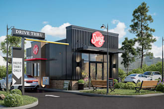 outdoor soda shop,high cube ship container design,dinning area,brand logo render