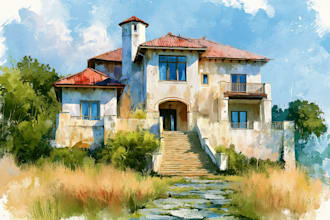 paint watercolor house portrait, buildings and landscape art
