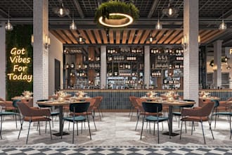 redesign 3d bar interior layout, restaurant concept rendering,cafe,lounge visual