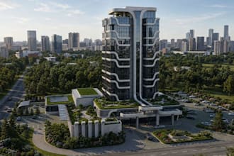 cgi visual for hotel tower,3d commercial complex,exterior render,parking lot,skp