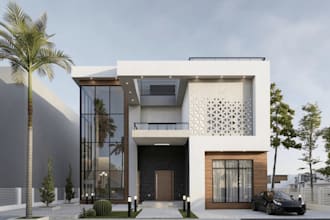 render 3d modern villa exterior, glass facade, interior apartment living,blender