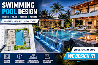 design backyard swimming pool and outdoor living space with 3d rendering
