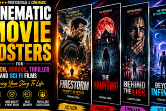 design cinematic movie posters for action, horror, thriller and sci fi films